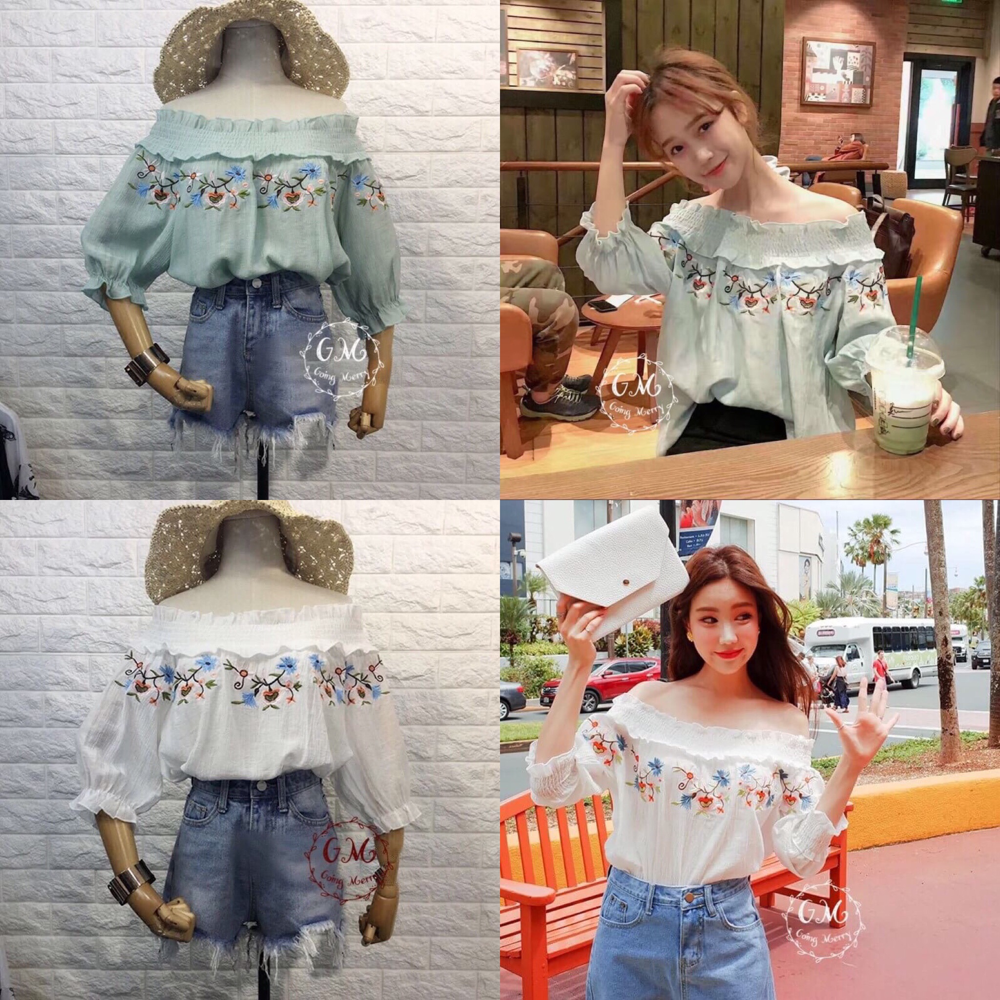 เสื้อปาดไหล่ คอระบาย ยางยืด งานปักแน่นๆ งานสไตล์เกาหลี ผ้าไหมญี่ปุ่นเนื้อดี ปลายแขนระบาย ทรงสวย งานน่ารักมากๆค่ะ