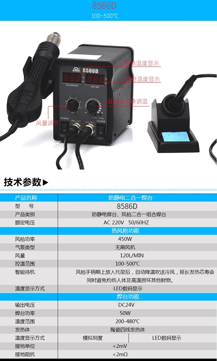 เครื่องเป่าลมร้อน + หัวแร้ง GUNAISI GS8586D +อุปกรณ์เสริม9ชิ้น