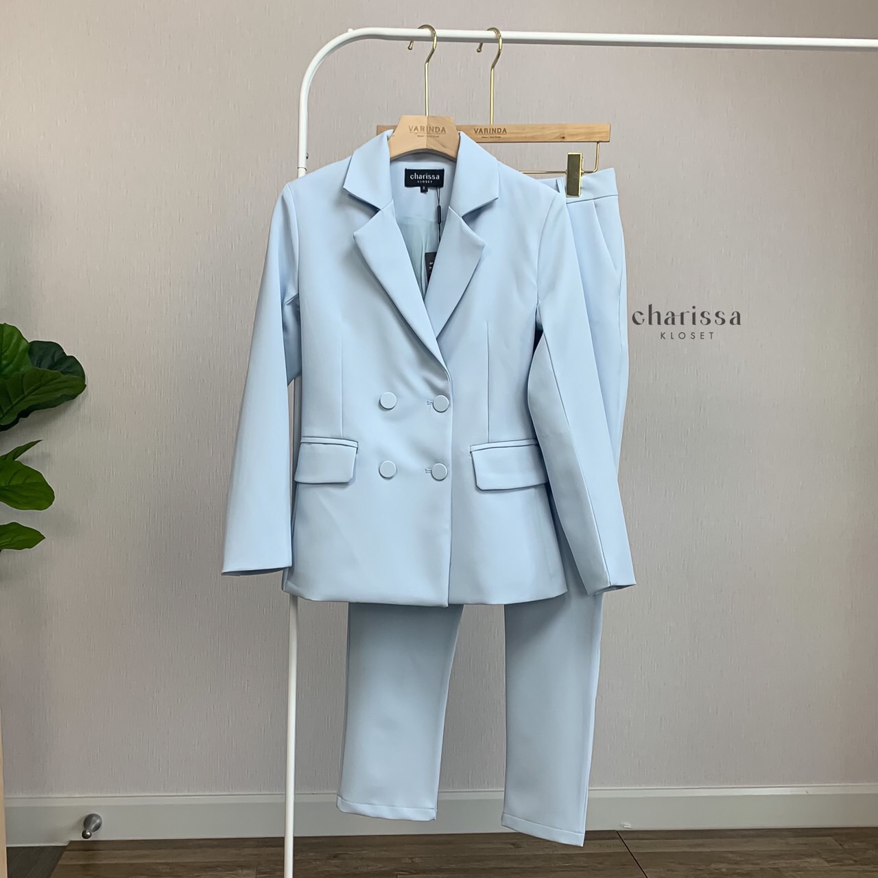 ชุดสูทผู้หญิง เซตสูทขายาวผู้หญิง ชุดสูทสีฟ้า