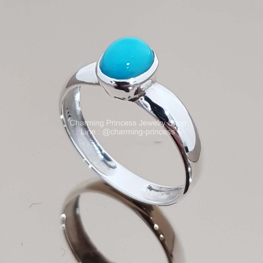 แหวนหินนําโชค เงินแท้ 925 เทอร์ควอยซ์ สีฟ้าจาก อเมริกา พลอย ทรงไข่ 8x6 มม / 1 เม็ด 925 Sterling Silver Oval 8x6 mm Turquoise Ring