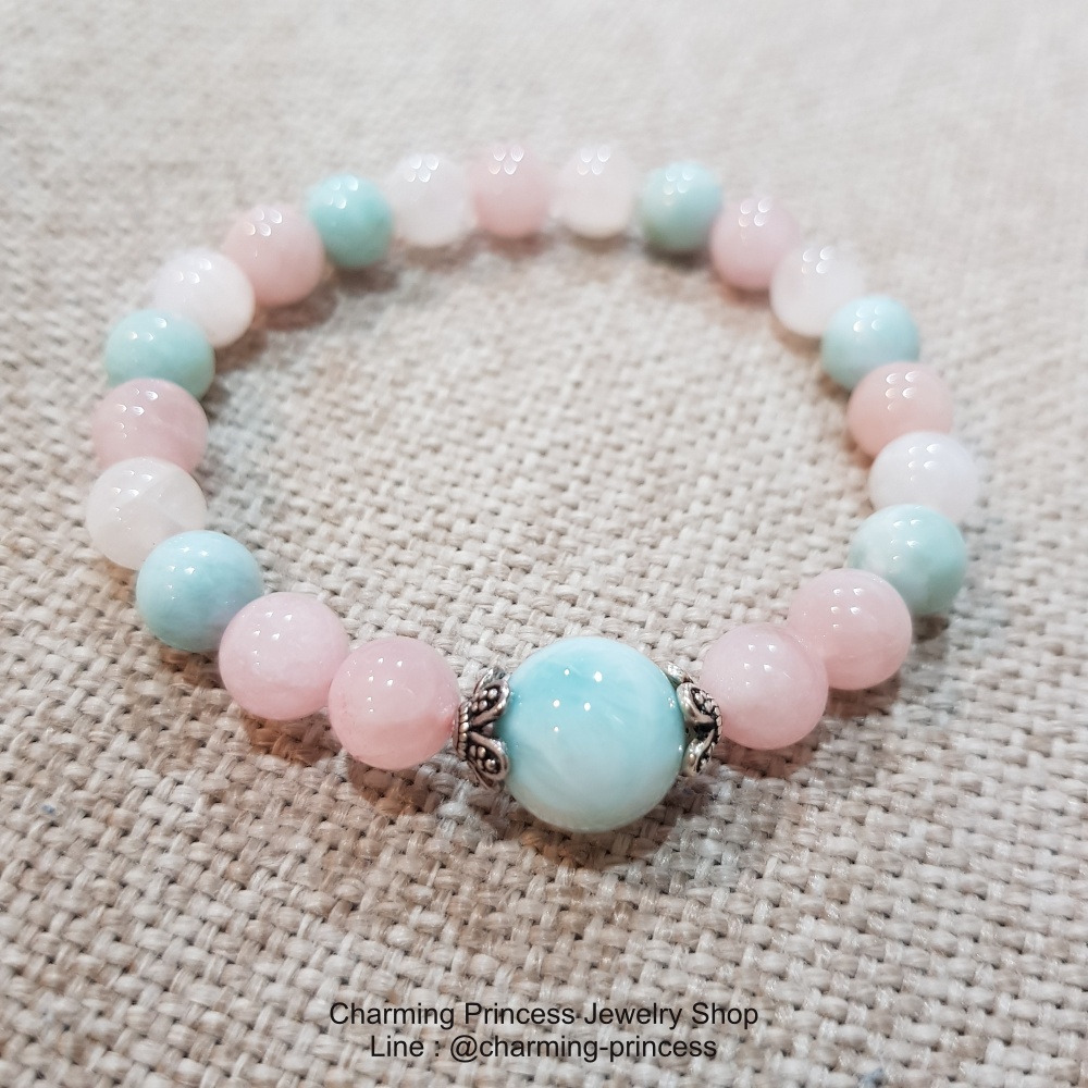Larimar 12 mm Moonstone 8 mm Rose Quartz Madagascar 8 mm , ลาริมาร์ 12 มม มูนสโตน และ โรสควอตซ์ มาดากัสการ์ 8 มมประดับดอกไม้เงินแท้