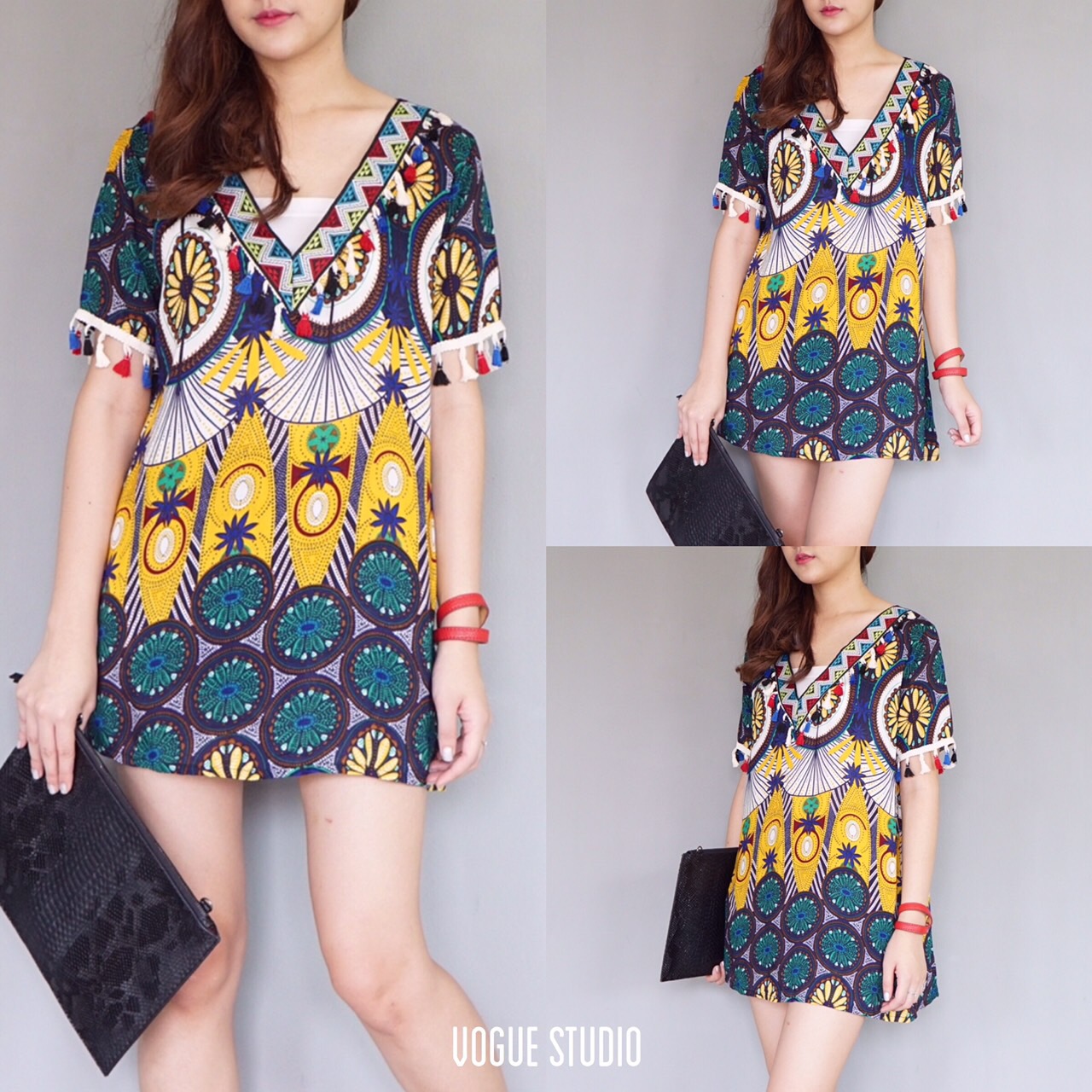 SALE 30%เดรสคอวี ปริ้นลายเก๋ๆ ภาพสีคมชัด สไตล์ bohemian ทั้งตัว เพิ่มลูกเล่นแต่งพู่ที่อกและชายแขน ทรงน่ารักมากคะ เนื้อผ้าดี ใส่สบายสุดๆ