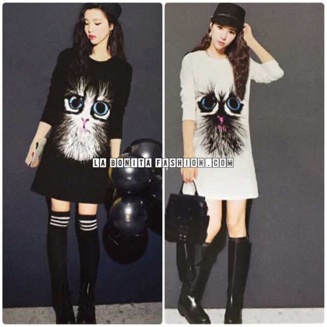 CAT (cat) เดรสเกาหลีลายแมวเหมียว ผ้ายืดคอตตอนเนื้อหนานุ่ม ดีไซน์น่ารัก