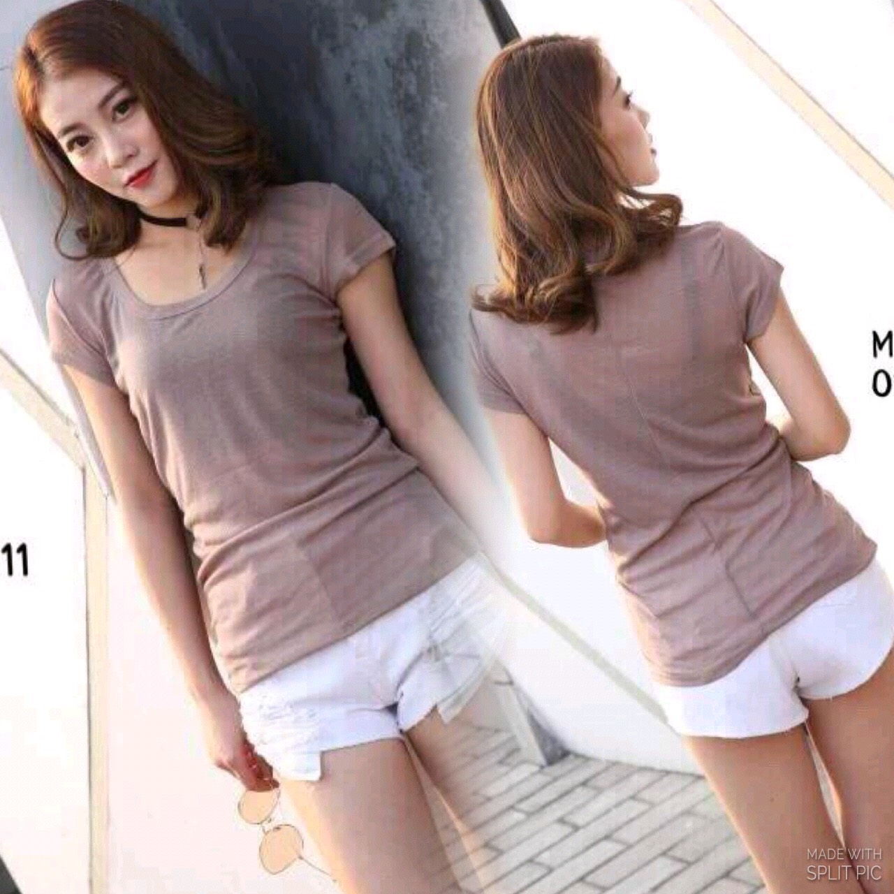 เสื้อยืดแต่งคอกลมปาด เนื้อผ้ายืดอย่างดี มีลาย texture ในตัว