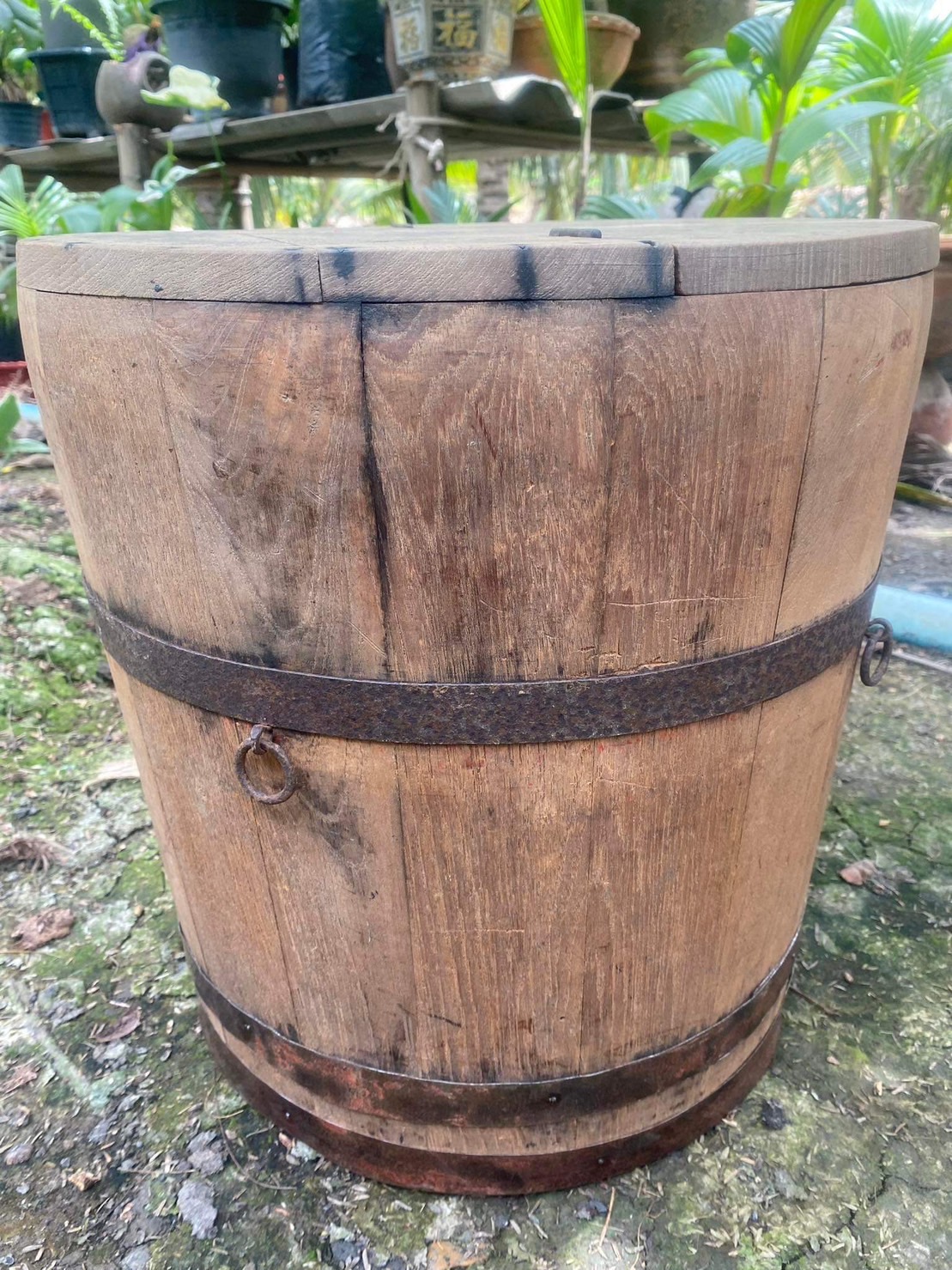 ถังข้าวไม้สักมีฝาปิด ถังไม้สักพร้อมฝาปิดมือสอง สภาพเก่าแท้ ถังหมักถั่วเขียวแบบโบราณ