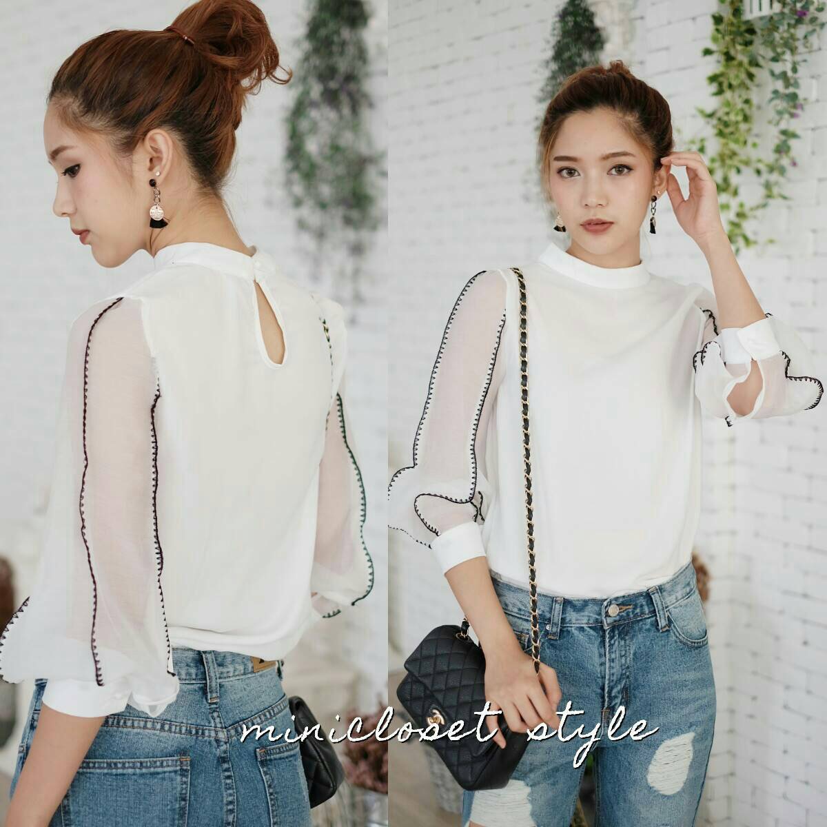 รุ่นนี้ห้ามพลาดเลยนะคะ ใส่สวยใส่ดูดี ของเข้ารอบ2 กับเสื้อแขนยาวคอปีน แขนกุ๊นขอบด้ายสีสลับบนเนื้อผ้าชีฟองใยสังเคราะห์ ผ้าไม่คันนะคะ