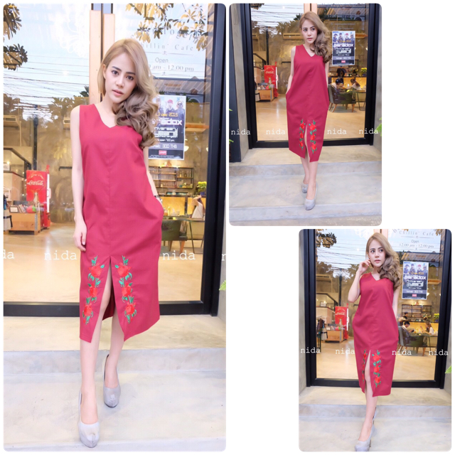 เดรสแขนกุด คอวี สไตล์มินิมอล เรียบๆเบาๆ ดีไซน์เกาหลี เพิ่มดีเทลผ่าน่าปักดอก