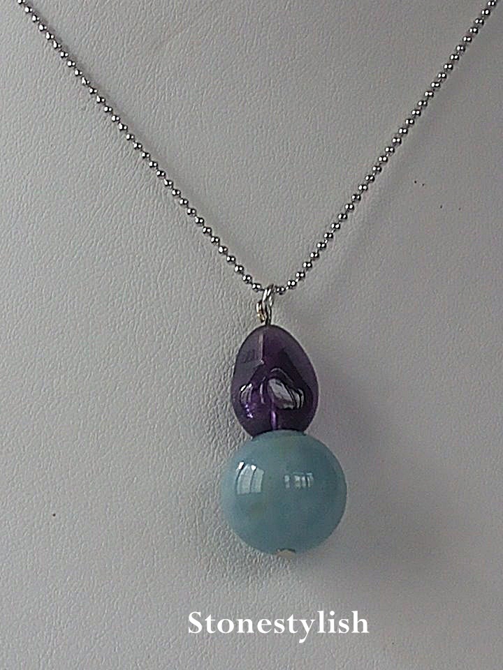 จี้น้ำจรดฟ้า อะความารีนและอะเมทิสต์ทรงธรรมชาติ Aquamarine + Amethyst