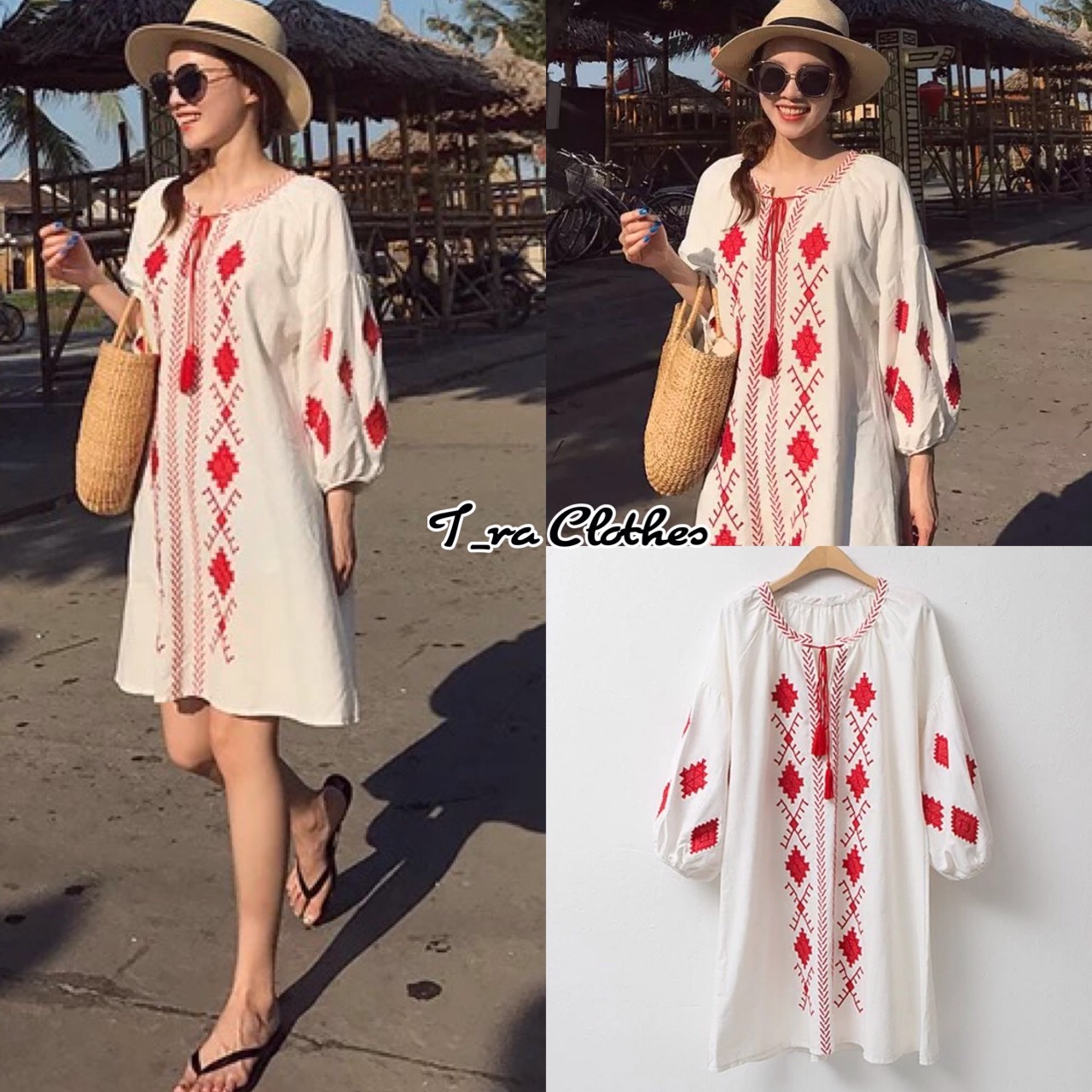 มินิเดรสงานปัก Style korea เนื้อผ้าคล้ายผ้าฝ้ายเนื้อดีงานปักละเอียด ดีเทลช่วงแขนปักลายกราฟฟิกแขนพอง ช่วงคอมีเชือกผูก บอกเลยว่างานสวยจ้า สามามารถใช่งานได้ทุกโอกาสไม่มีเอาค์ไม่ควรพลาดเลยจ้าา