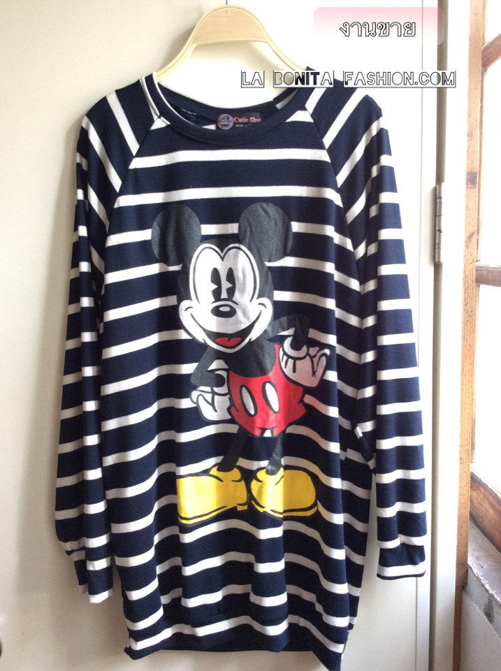 เดรสลายทางสกรีน มิกกี้เมาส์ 2 สี ดำ กรม