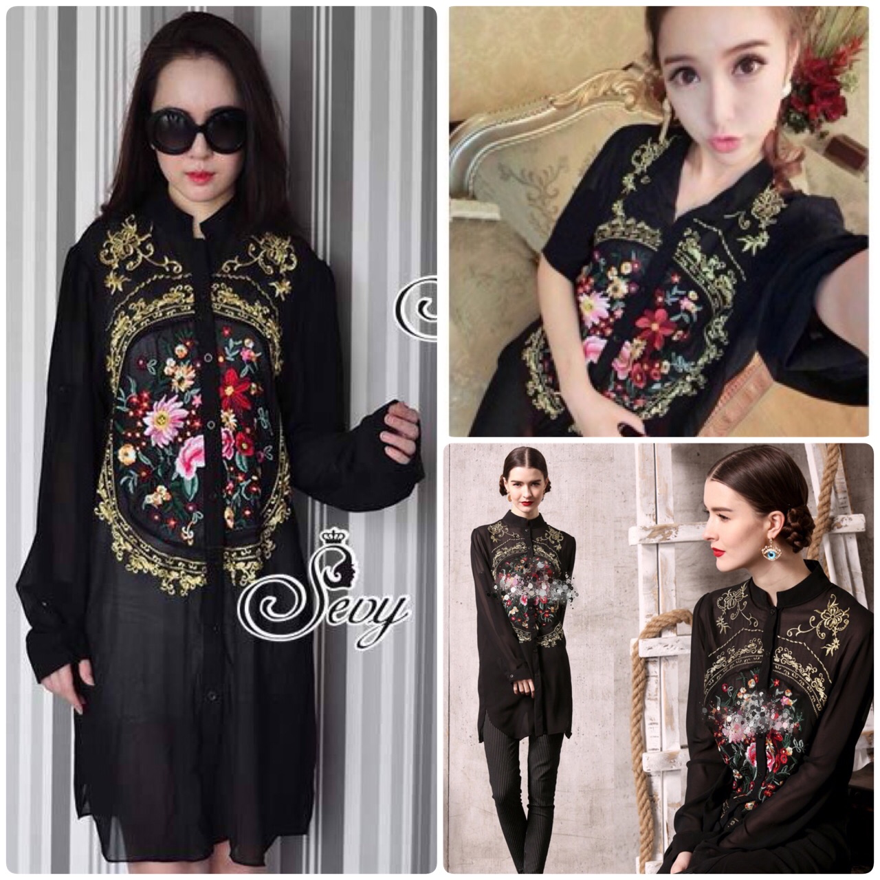 เชิ้ตตัวยาวเนื้อผ้าชีฟองอย่างดี ด้วยดีเทลงานปักแนววินเทจช่วงกลางเสื้อ