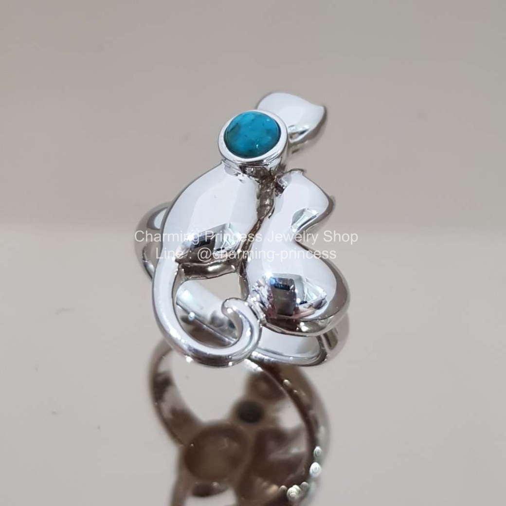 แหวนหินนําโชค รูปแมว เงินแท้ 925 เทอร์ควอยซ์ สีฟ้าจาก อเมริกา Turquoise ทรงรูปกลม 5 มม Turquoise Cat Design Ring 925 Sterling Silver