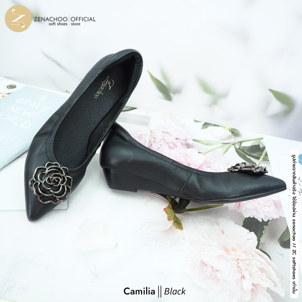 ทรงปกติ เปลี่ยนไซส์ได้-ไม่รับคืน รุ่นขายดี Zenachoo Camilia สูง 1 นิ้ว รองเท้าหนังแกะแท้ หัวแหลมหน้ากว้าง