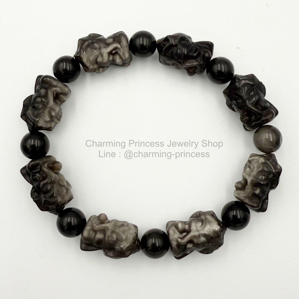 Silver Sheen Obsidian Ganesha Bracelet ซิลเวอร์ชีน ออบซิเดียน แกะรูปพระพิฆเนศ 18x11 and 8 มม