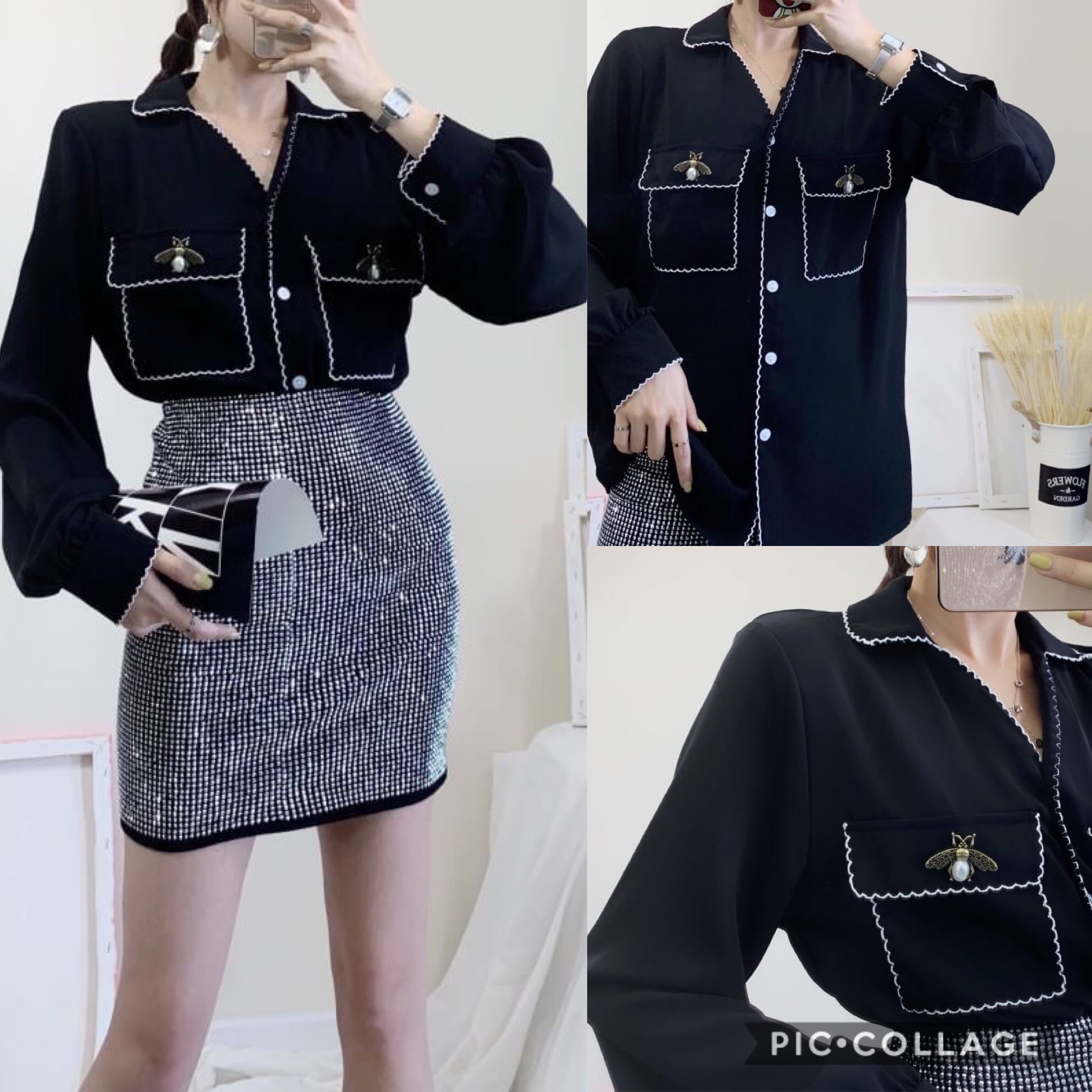 เสื้อเชิ้ตเกาหลี ปกฮาวายสีดำ มาพร้อมเข็มกลัดชาแนล งานป้ายแบรนด์ตามรูป