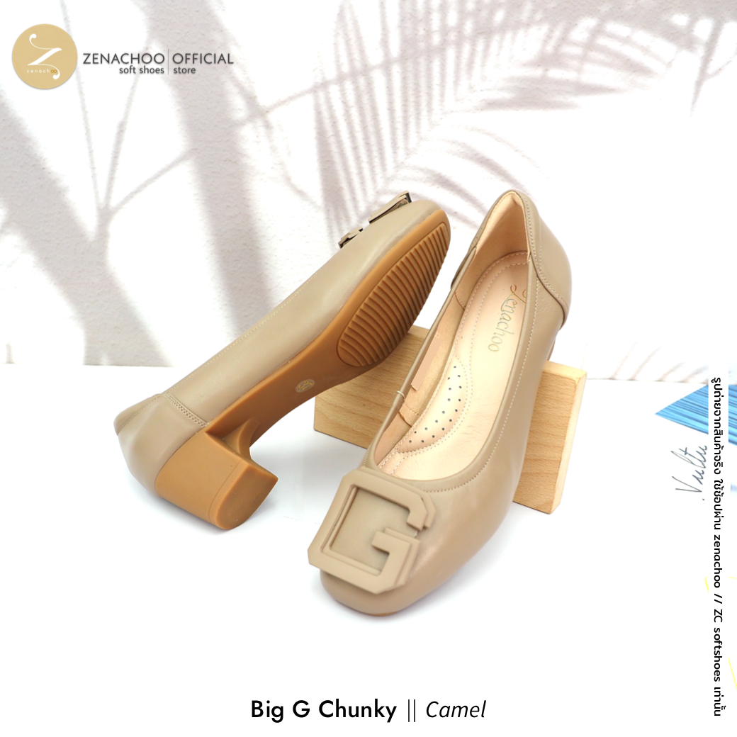 ทรงปกติ เปลี่ยนไซส์ได้-ไม่รับคืน พื้นยางนิ่ม เพื่อสุขภาพ Zenachoo Big G Chunky สูง 2 นิ้ว รองเท้าหนังแกะแท้ ใส่สบายมาก