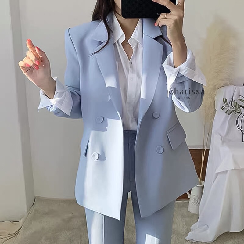 ชุดสูทผู้หญิง เซตสูทขายาวผู้หญิง ชุดสูทสีฟ้า
