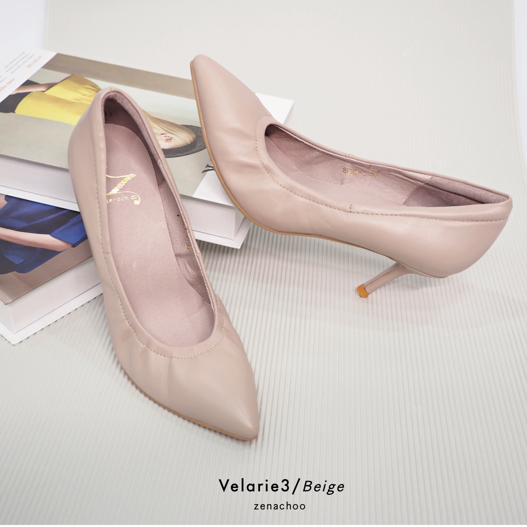 ทรงปกติ เปลี่ยนไซส์ได้-ไม่รับคืน Zenachoo Velarie3 สูง 3 นิ้ว Beige รองเท้าหนังแกะแท้ ใส่สวยมาก รองเท้าส้นเข็ม หัวแหลม