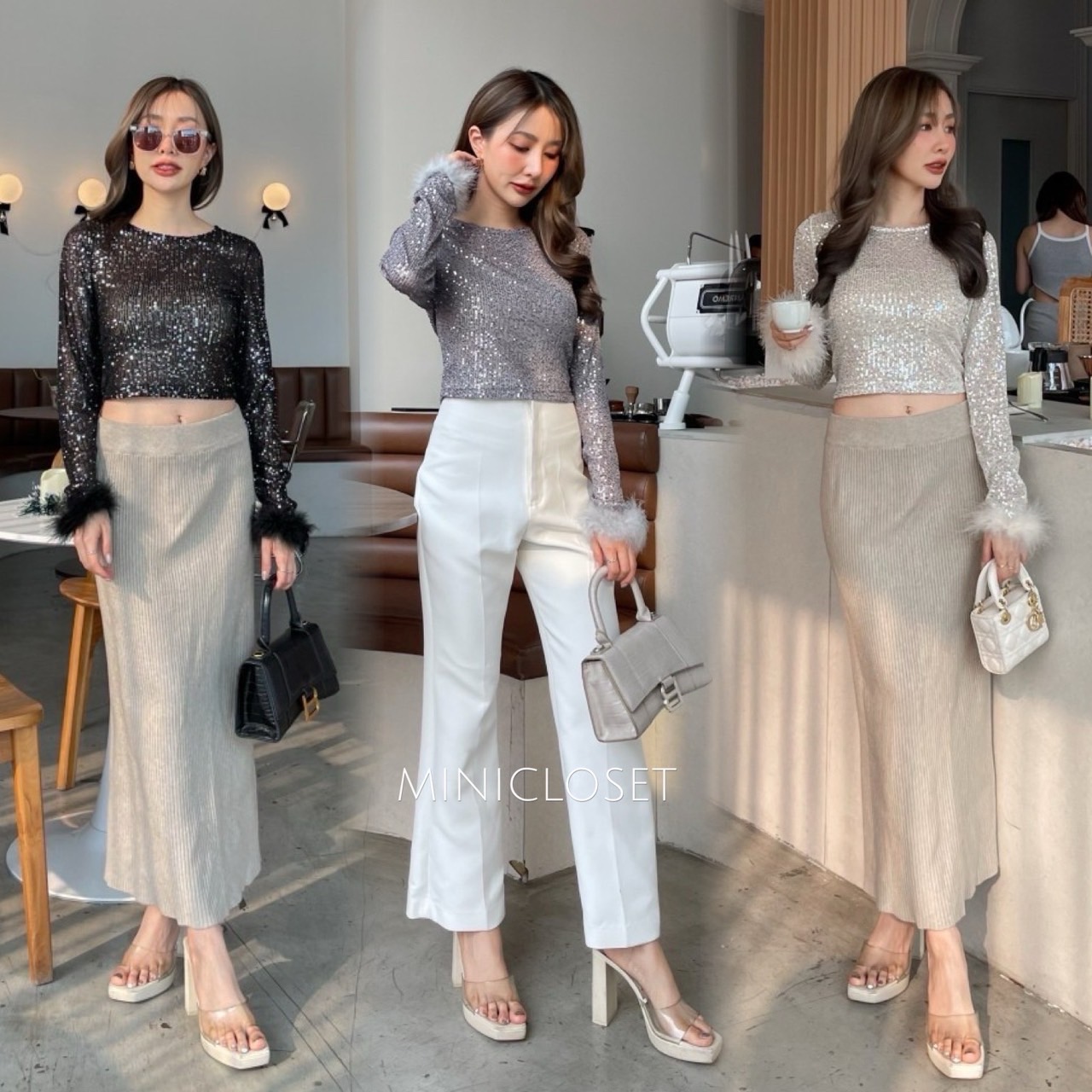 เสื้อปักเลื่อมวิ้งๆ แขนยาวปลายแขนแต่งขนนกน่ารัก ใส่เที่ยว ใส่ออกงานสวย