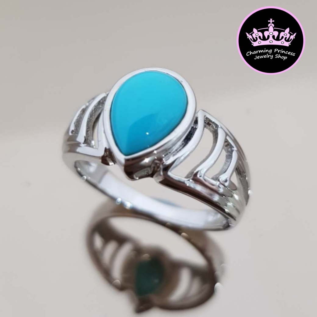 แหวนหินนําโชค เงินแท้ แบบเท่ห์ๆ นิ้วเรียวสวย 925 เทอร์ควอยซ์ สีฟ้าจาก อเมริกา Turquoise เทอร์ควอยซ์ สีฟ้า Pear 10x7 mm พลอยหยดน้ำ ขนาด 12x6 มม Turquoise Geomatric Design Ring 925 Sterling Silver