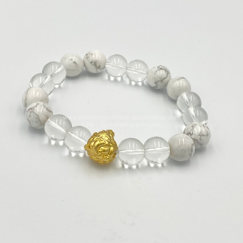 พระพิฆเนศ เงินแท้ชุบทอง ฮาวไลท์ และ ควอตส์ 10 มม Ganesha Sterling Silver with Gold Plated with Howlite and Quartz 10 mm
