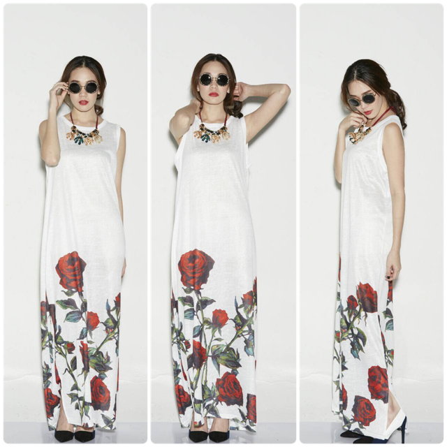 เดรสยาวแขนกุด ผ้าปริ้นลายดอกกุหลาบสีแดง ผ้าเบาใส่สบายไม่ร้อนค่ะ