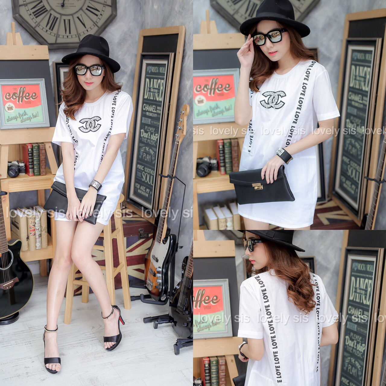 เดรสคอกลมแขนพับ ผ้าเชิ้ตคอตต้อน ปักชาแนลติดเพชร แต่งลูกเล่นด้วยริบบิ้นสกรีน LOVE หน้าหลัง สวยเก๋ ใส่สบายค่า