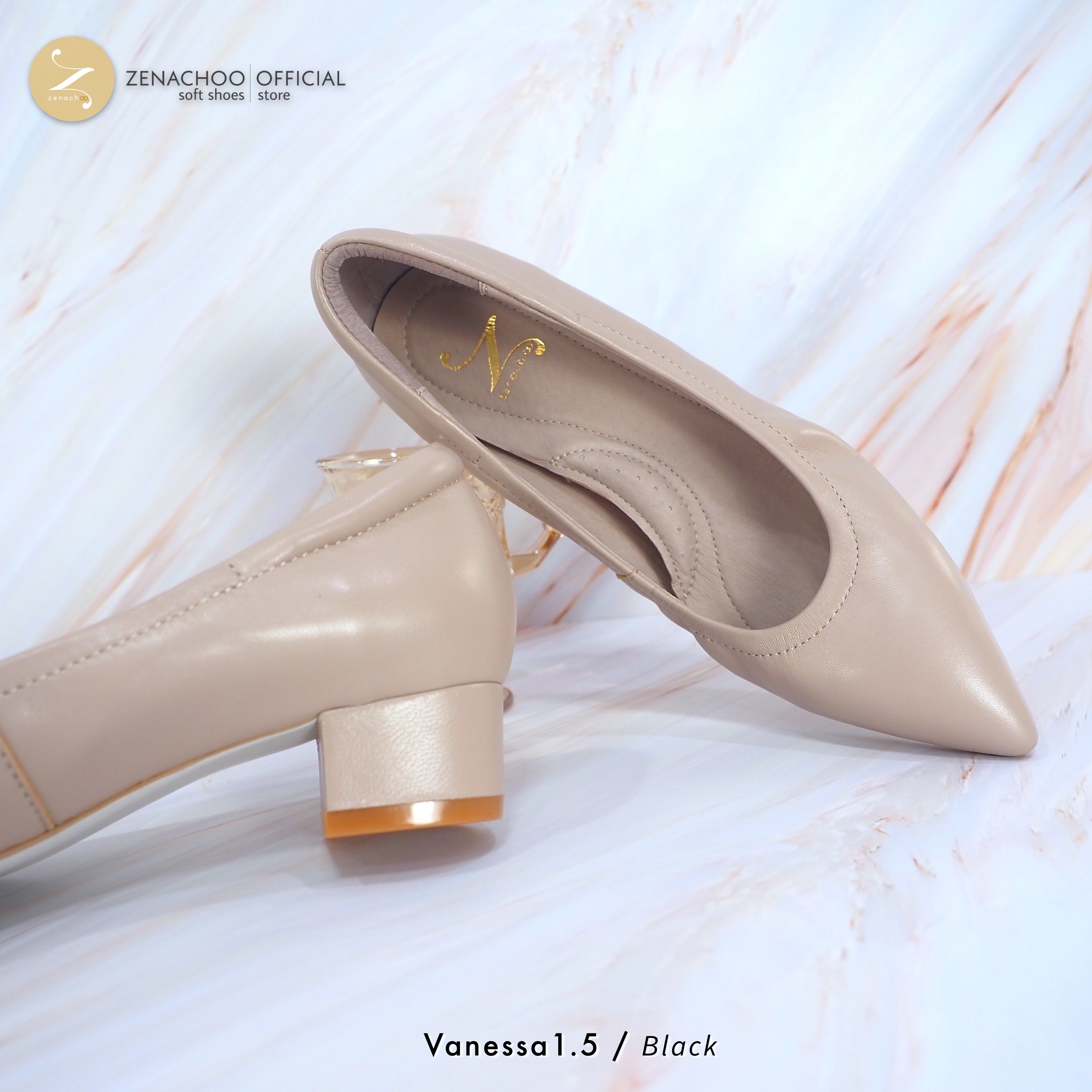 ทรงใหญ่ลด 1 ไซส์ เปลี่ยนไซส์ได้ ไม่รับคืน Zenachoo รุ่น Vanessa1.5 สูง 1 นิ้วครึ่ง รองเท้าหนังแกะแท้หัวแหลม พื้นนุ่ม