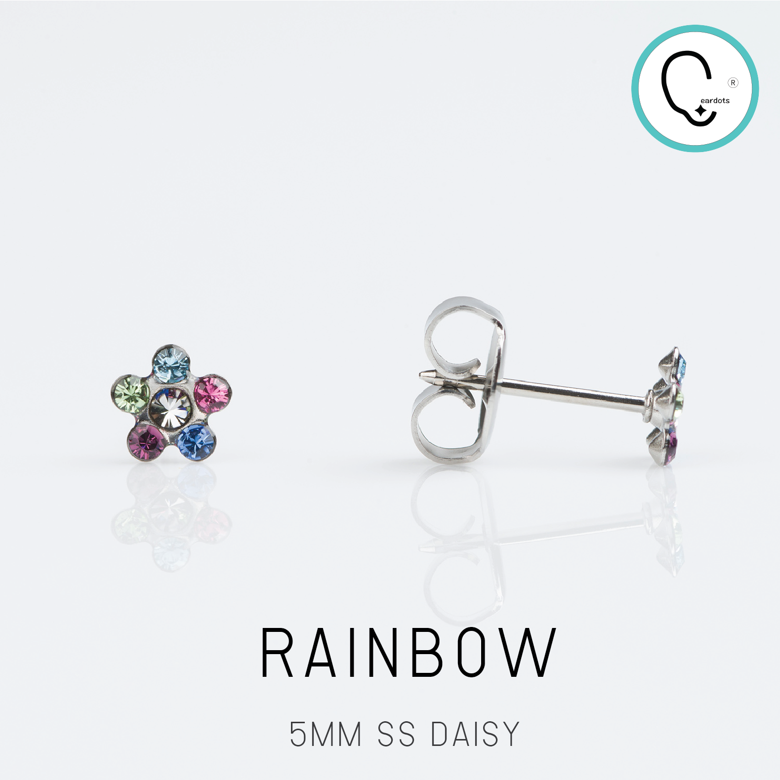 (ส่งฟรี แถมฟรีแป้นหมุดตัน)ต่างหูสำหรับผิวแพ้ง่าย DAISY RAINBOW ดอกไม้สีรุ้ง ก้านสีเงิน สแตนเลสเกรดการแพทย์ ปลอดภัย 100%_STD040