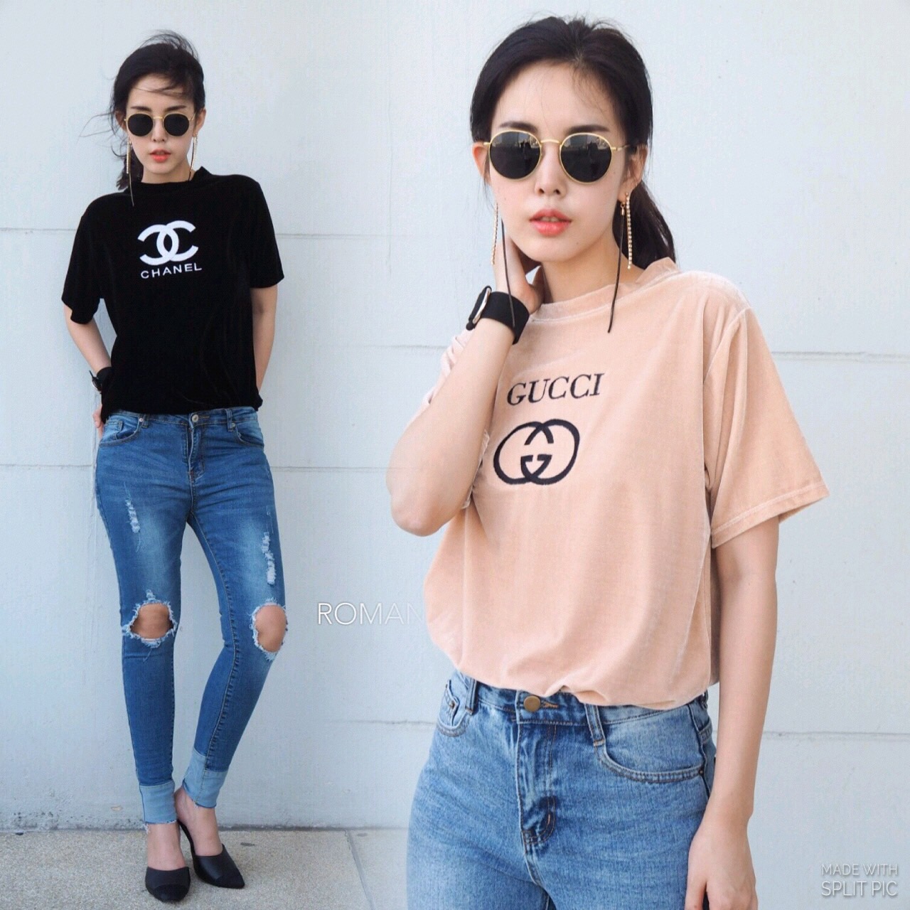 เสื้อยืดคอกลม ผ้ากำมะหยี่ปักลาย สวยๆ ตามรูป