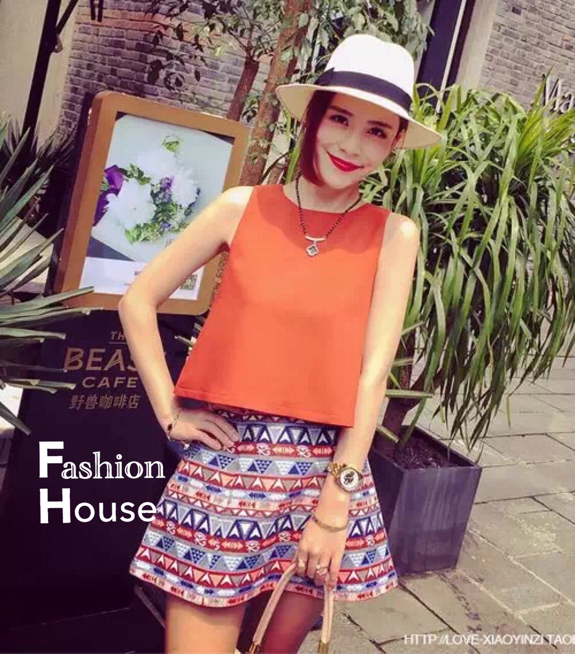 ชุดเซตเสื้อแขนกุดสีส้มมาพร้อมกระโปรงผ้าทอลายโบฮีเมียนทรงเอ