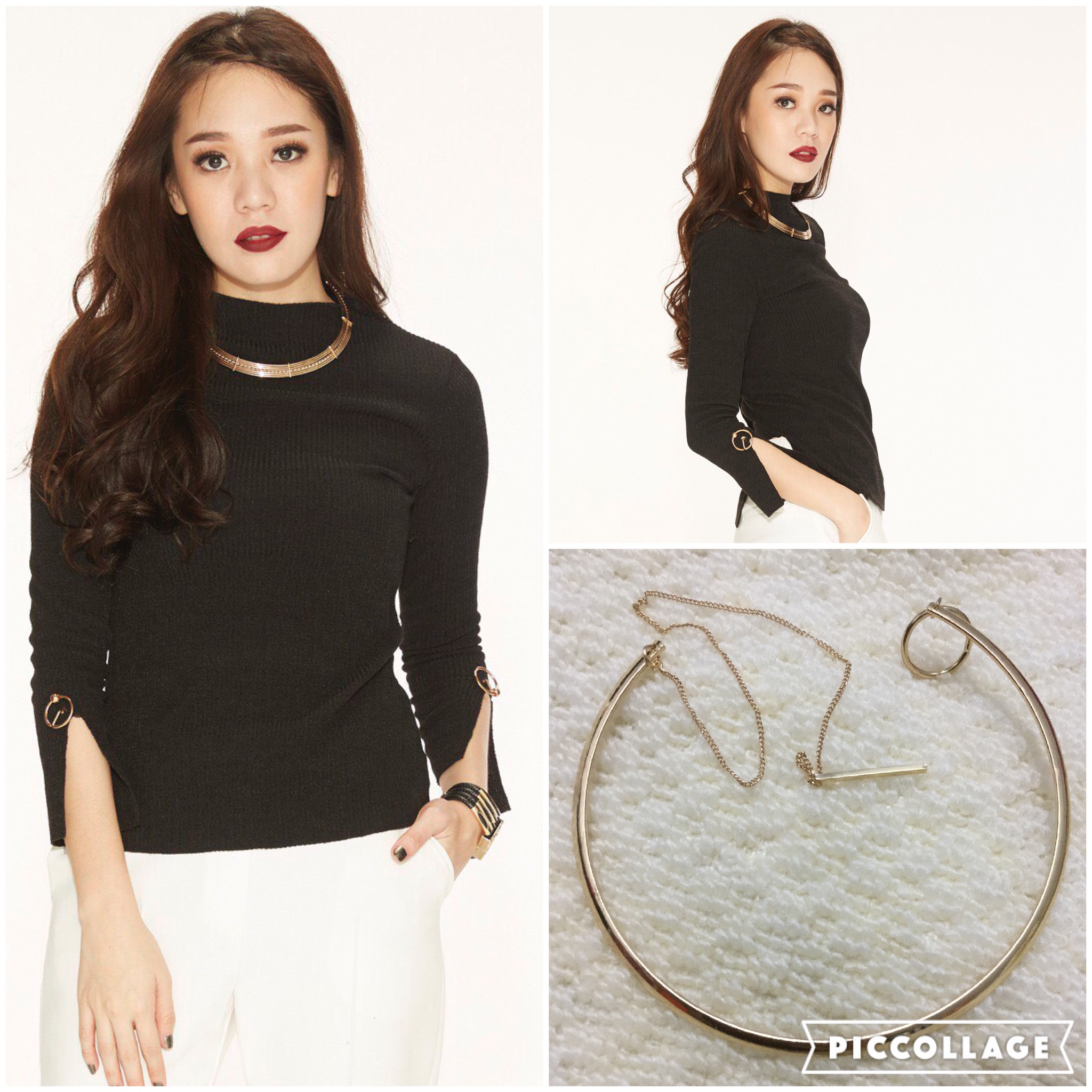 เสื้อทอknit ทรงผ่าแขนและแต่งห่วง มาพร้อมสร้อยห่วง เข้ากันสุดๆค่ะ