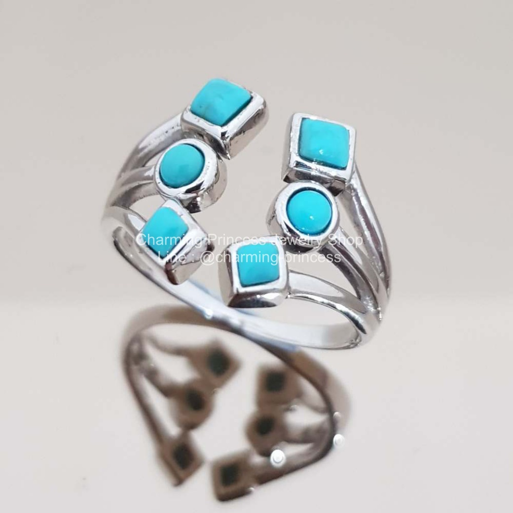 แหวนหินนําโชค เงินแท้ แบบเท่ห์ๆ นิ้วเรียวสวย 925 เทอร์ควอยซ์ สีฟ้าจาก อเมริกา Turquoise เทอร์ควอยซ์ สีฟ้า กลม สี่เหลี่ยม 3 มม 6 เม็ด Turquoise Geomatric Open Top Design Ring 925 Sterling Silver