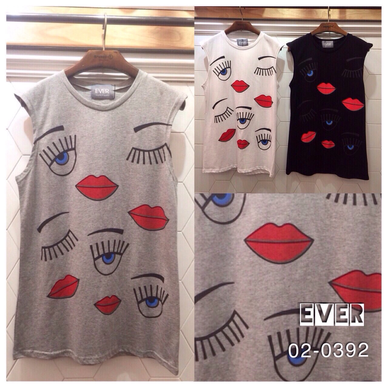 Style Korea Eye & Mouth Print Tee เสื้อยืดแขนกุดพิมพ์ลายดวงตาและปากสีแดงสดใส