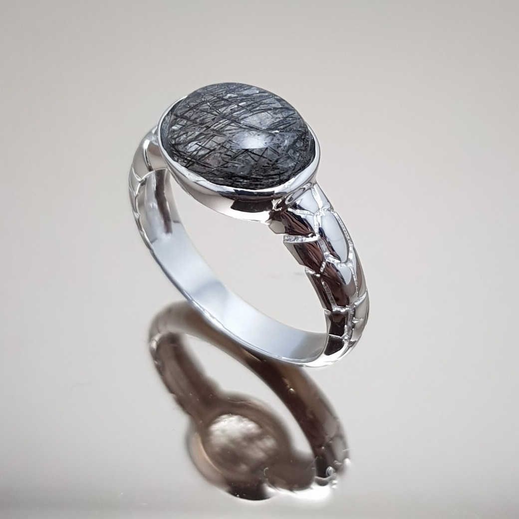 แหวนไหมดํา แหวนแก้วขนเหล็ก 925 Black Rutilated Quartz Natural Inspired texture Design Ring