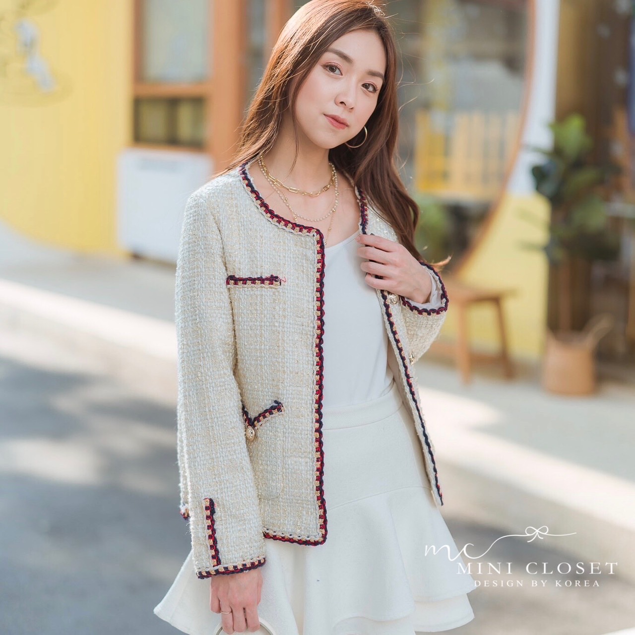 เสื้อทวิตแขนยาวสีครีม เสื้อคลุมสวยๆสไตล์เกาหลี