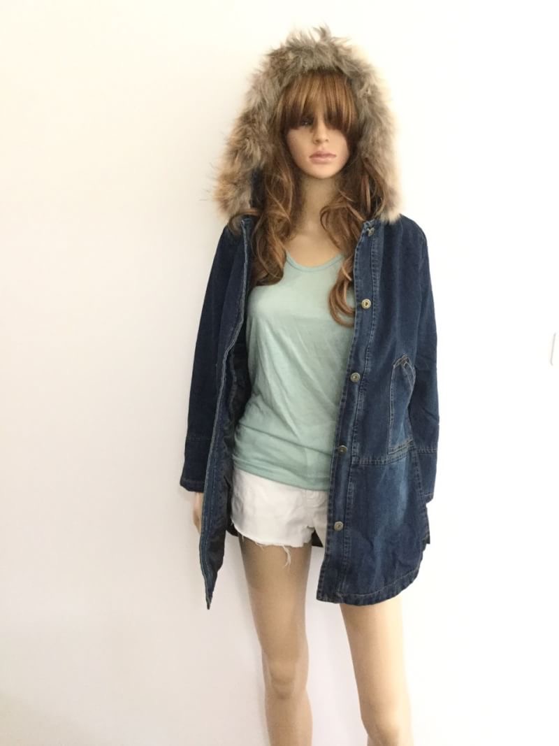 เสื้อกันหนาวมีฮู้ดขนฟู เสื้อโค้ทกันหนาวผ้ายีนส์สไตล์เกาหลี