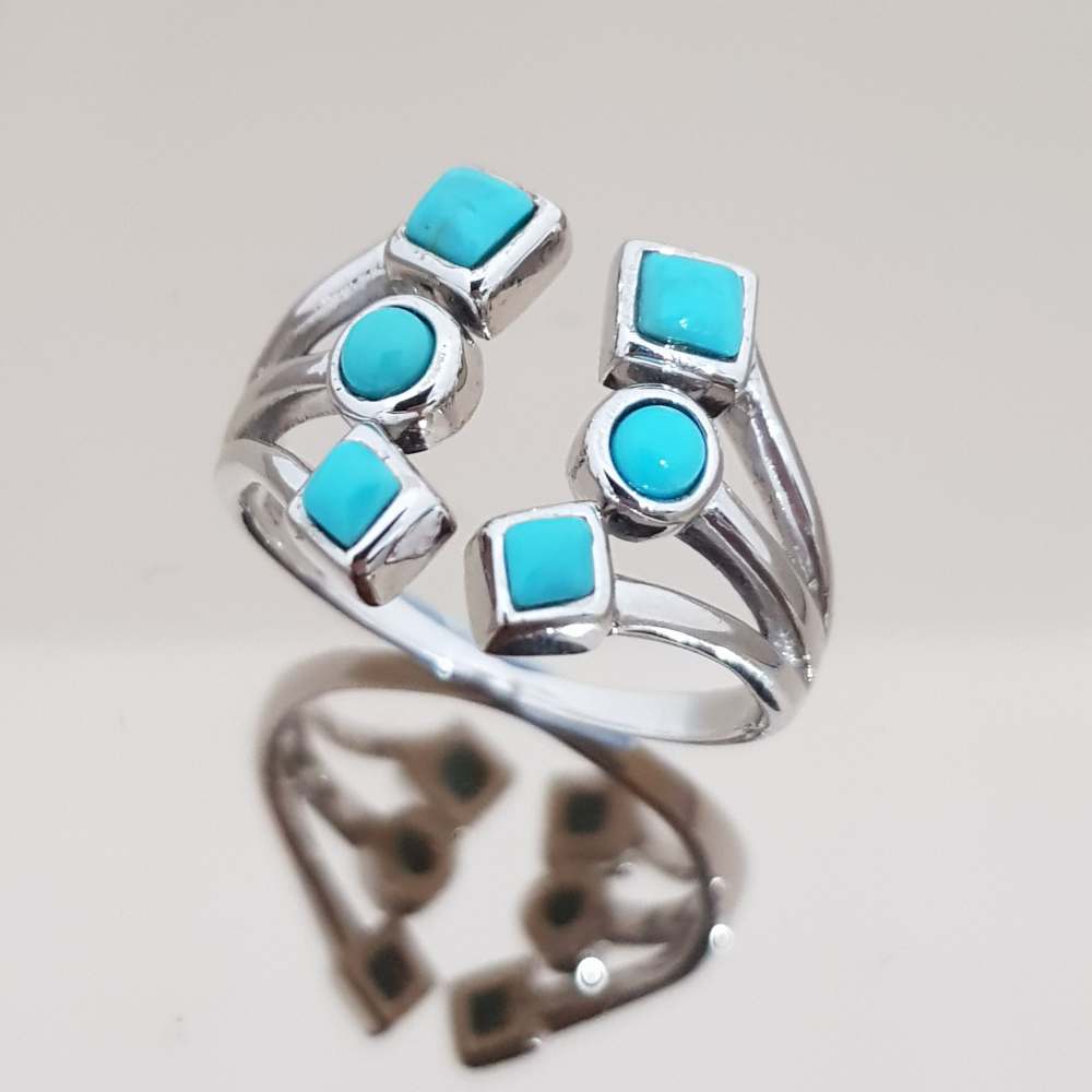 แหวนหินนําโชค เงินแท้ แบบเท่ห์ๆ นิ้วเรียวสวย 925 เทอร์ควอยซ์ สีฟ้าจาก อเมริกา Turquoise เทอร์ควอยซ์ สีฟ้า กลม สี่เหลี่ยม 3 มม 6 เม็ด Turquoise Geomatric Open Top Design Ring 925 Sterling Silver