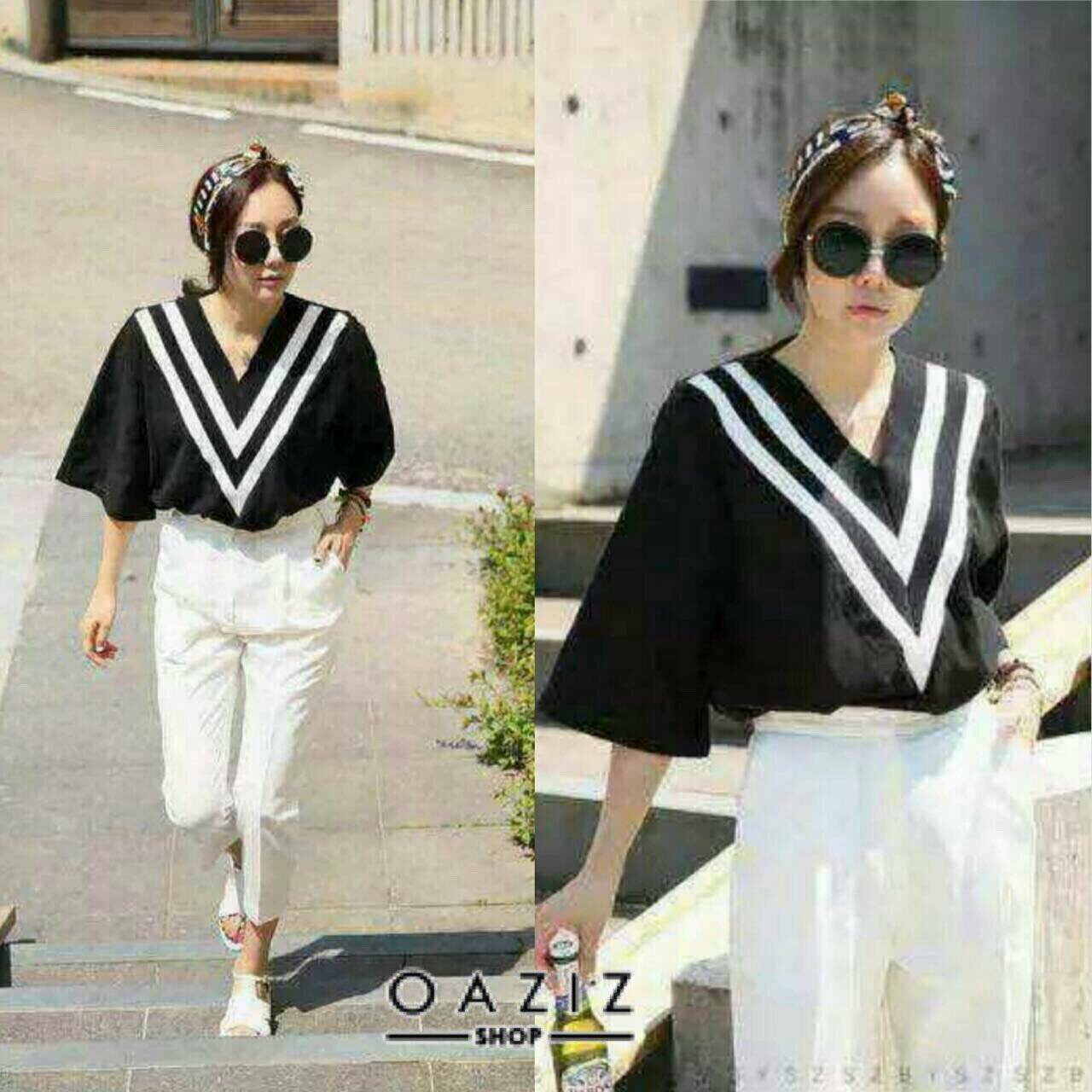 New in..เสื้อคอวี ตัดลายวีสองชั้น ผ้าทิ้งตัวใส่สบาย style korea