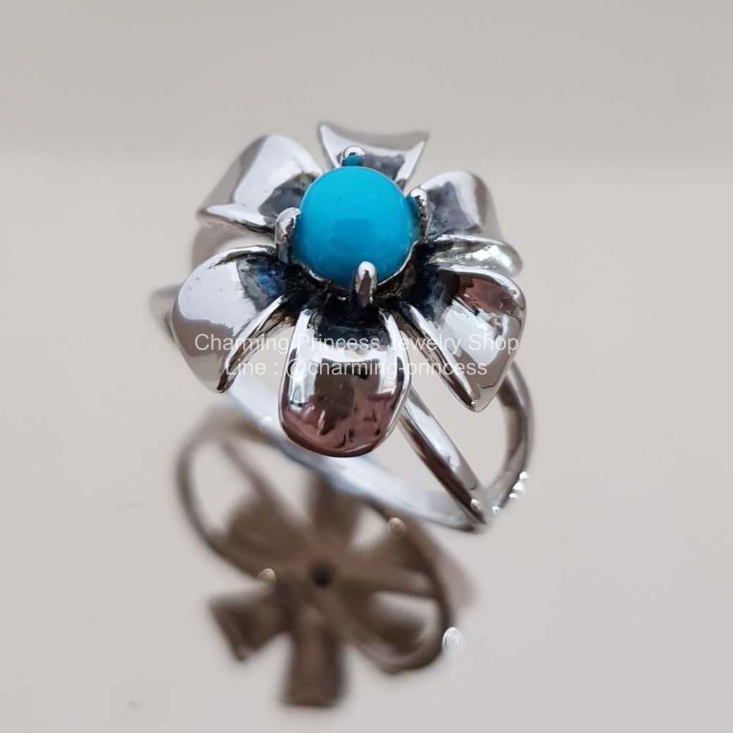 แหวนหินนําโชค แหวนดอกไม้ เงินแท้ 925 เทอร์ควอยซ์ สีฟ้าจาก อเมริกา Turquoise ทรงรูปกลม 5 มม Turquoise Ring 925 Sterling Silver Flower Inspired Ring
