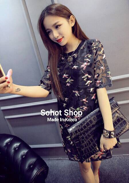 !!!Best - Sellerเดรสผ้าลูกไม้ตาข่ายเนื้อผ้านิ่ม ลายนก สไตล์ Zara มาพร้อมเสื้อกล้ามซับในเนื้อดีผ้านุ่มลื่นยืดหยุ่นได้เยอะ