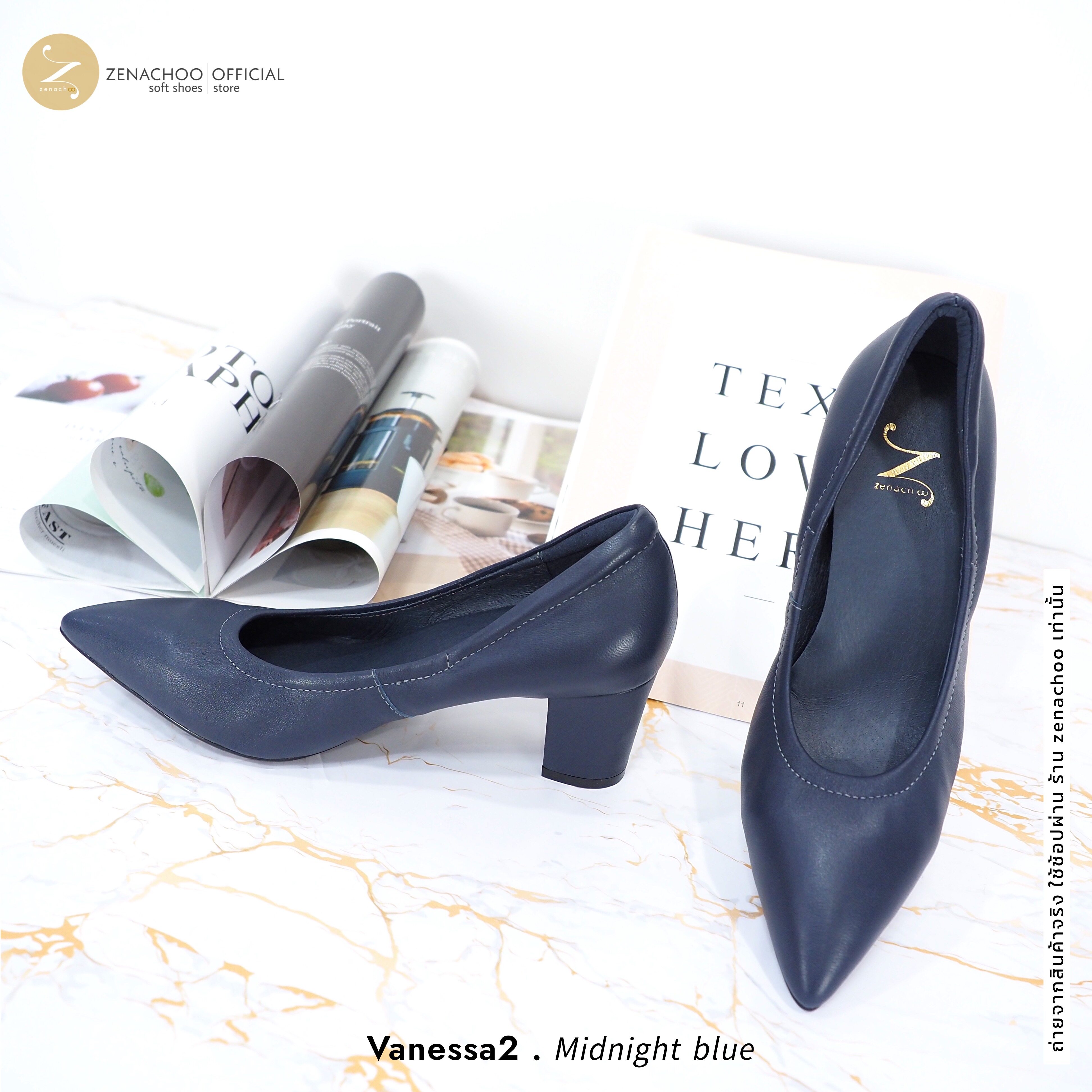ทรงปกติ เปลี่ยนไซส์ได้-ไม่รับคืน Zenachoo Vanessa2 สี Midnight blue สูง 2 นิ้ว รองเท้าหนังแกะนิ่ม หัวแหลมทรงสวย