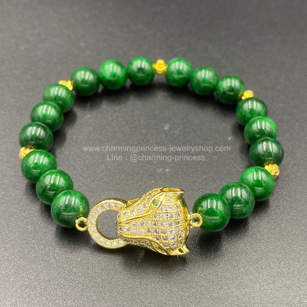 หินนําโชคประจําวันเกิดวันพุธ Wednesday Birthstone หยกจักรพรรดิ 8 มม ประดับเสือฝัง CZ หรูหรา