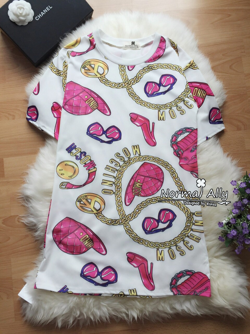 เดรสทรงปล่อยลายโซ่ ผ้ายืดนิ่มลื่นใส่สบายๆ