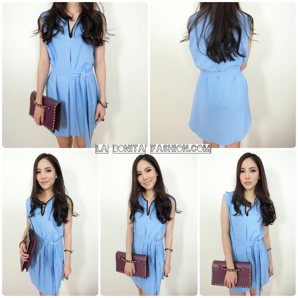 Collins Dress (ONLY @Naked Studio) เดรสสั้นคอวีขลิบดำ หน้าสั้น-หลังยาว มาพร้อมเชือกมัดเอว (ผ้าเดียวกับเดรส)