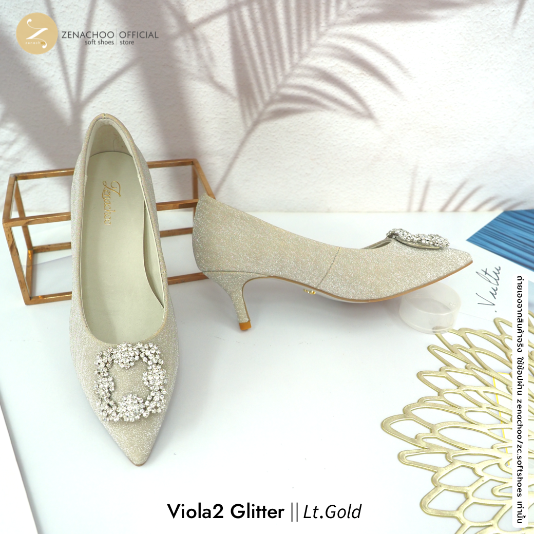 ทรงปกติ เปลี่ยนไซส์ได้-ไม่รับคืน ทรงขายดี Zenachoo Viola2 Glitter สูง 2 นิ้ว ผ้า Glitter ซับหนังแกะแท้ ทรงสวยไม่บีบเท้า