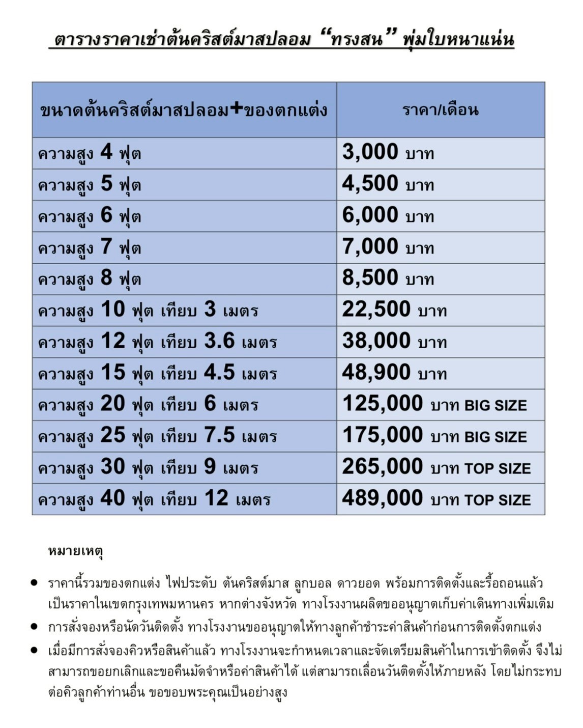 ตารางการช่าต้นคริสต์มาสปลอมทรงสน ใบหนาแน่น ที่มีให้เลือกครบทุกขนาด
