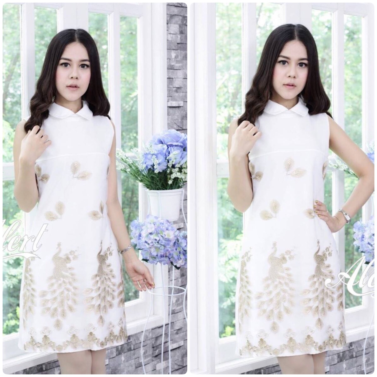 เดรสแขนกุด ทรงสวย ดูหรูหราโฮโซมากๆค่ะ ห้ามพลาดเลยนะคะ เดรสทรงสวยเรียบๆเพิ่มความหรูด้วยผ้าปักดิ้นทองลายนกยูงปักสวยแน่นๆ