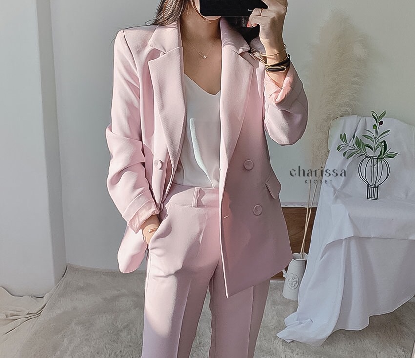 ชุดสูทผู้หญิง เซตสูทขายาวผู้หญิง ชุดสูทสีชมพูพาสเทล