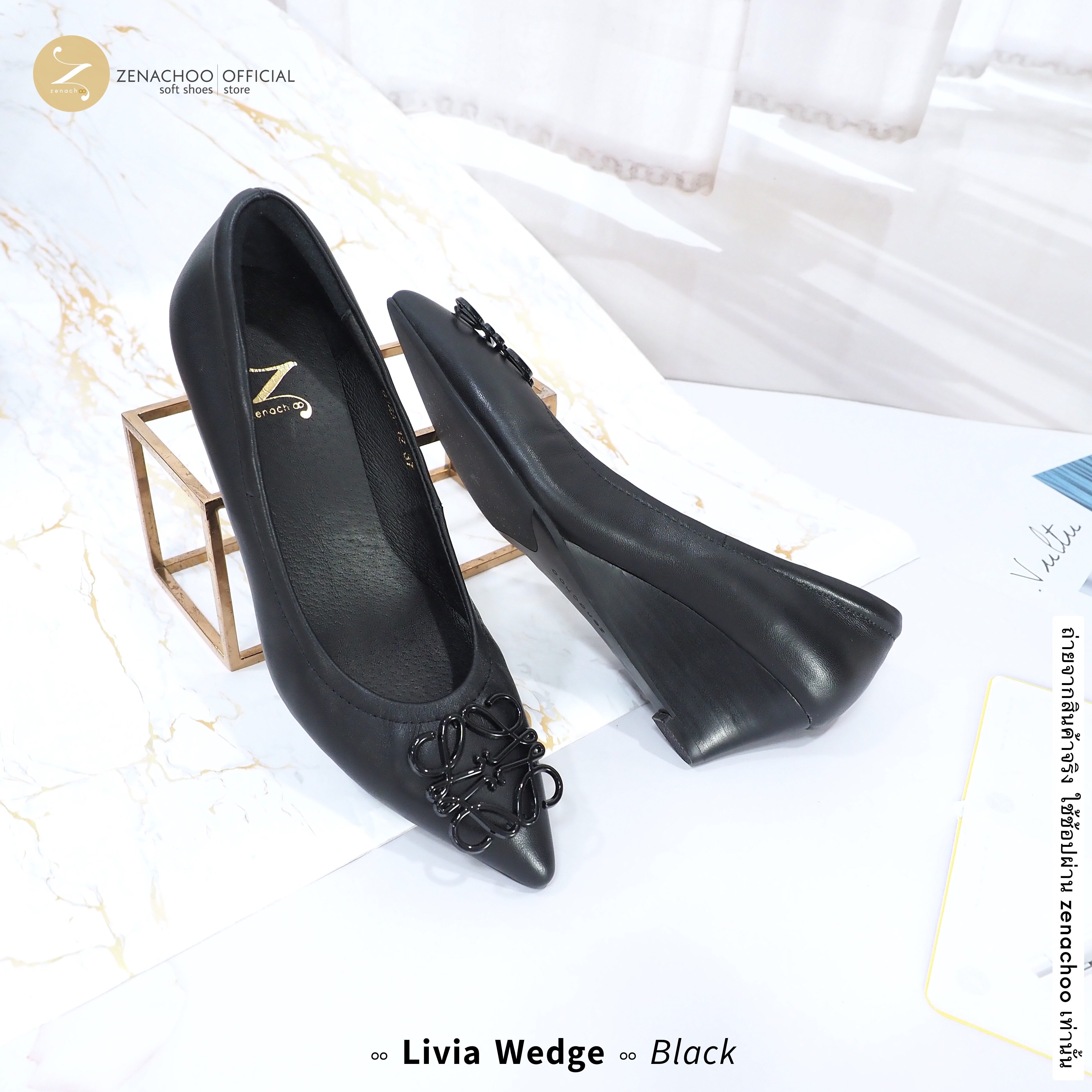 ทรงปกติ เปลี่ยนไซส์ได้-ไม่รับคืน Zenachoo รุ่น Livia Wedge สูง2นิ้ว หนังแกะแท้ ทรงสวยมาก